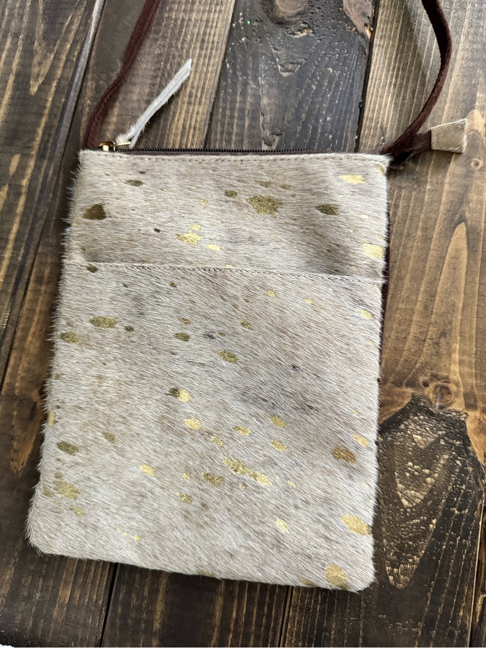 Taupe Haircalf Crossbody with Gold Fleck Accent